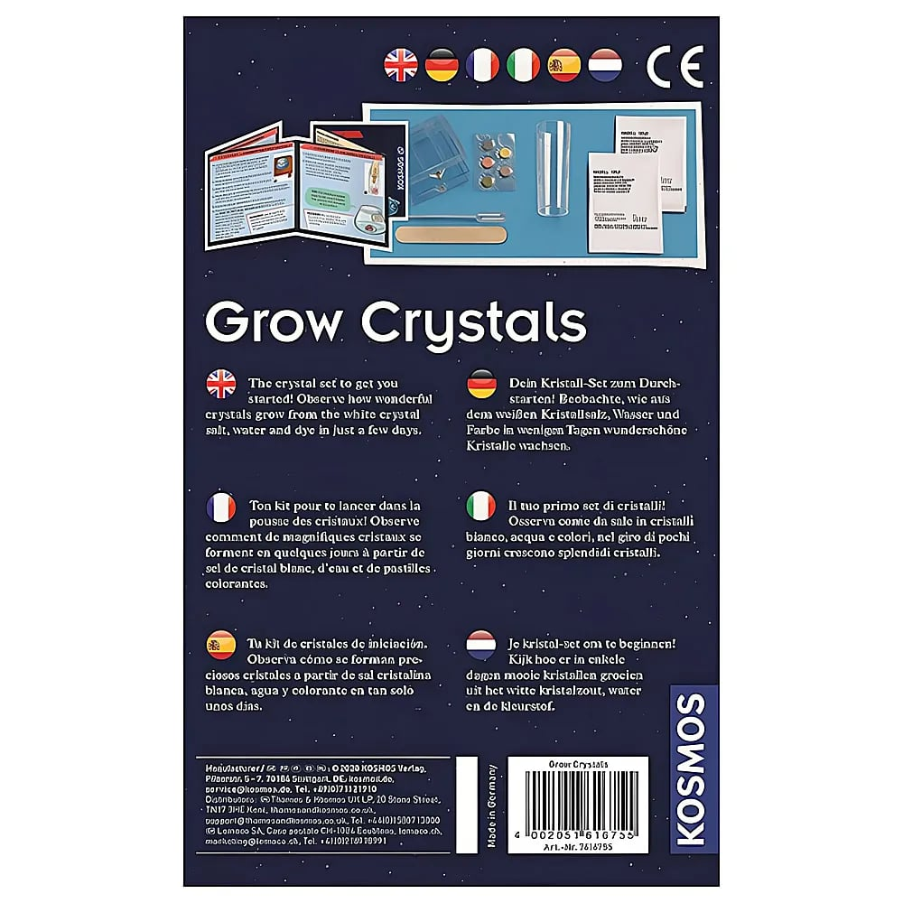 Dos d'une boîte de jeu Grow Crystals avec description multilingue et photo du contenu.