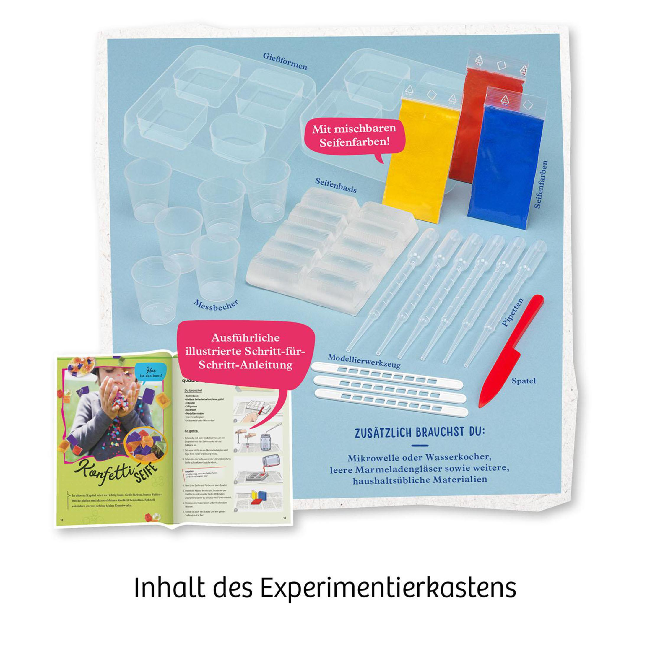 Contenu d'un kit de fabrication de savon avec moules, sachets de couleur, pipettes, spatules et manuel sur fond bleu.