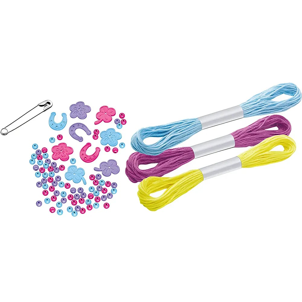 Materiali per hobbistica con filato da ricamo blu, viola e giallo, perline colorate, forme di fiori e una spilla.