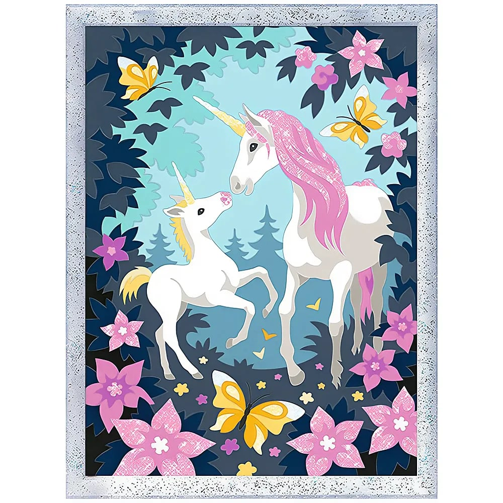 Ein illustriertes gerahmtes Bild eines erwachsenen und Baby-Einhorns in einem Wald mit rosa Blumen und gelben Schmetterlingen.