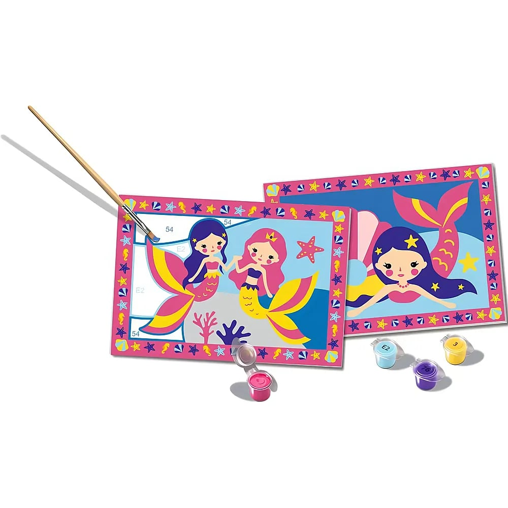 Set de pintar por números de sirenas con dos tarjetas, pincel y cuatro botes de pintura.