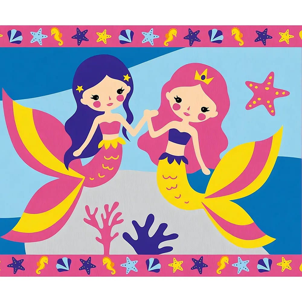Dos sirenas lindas con colas rosas y amarillas se sientan frente a un fondo azul con estrellas de mar y corales.