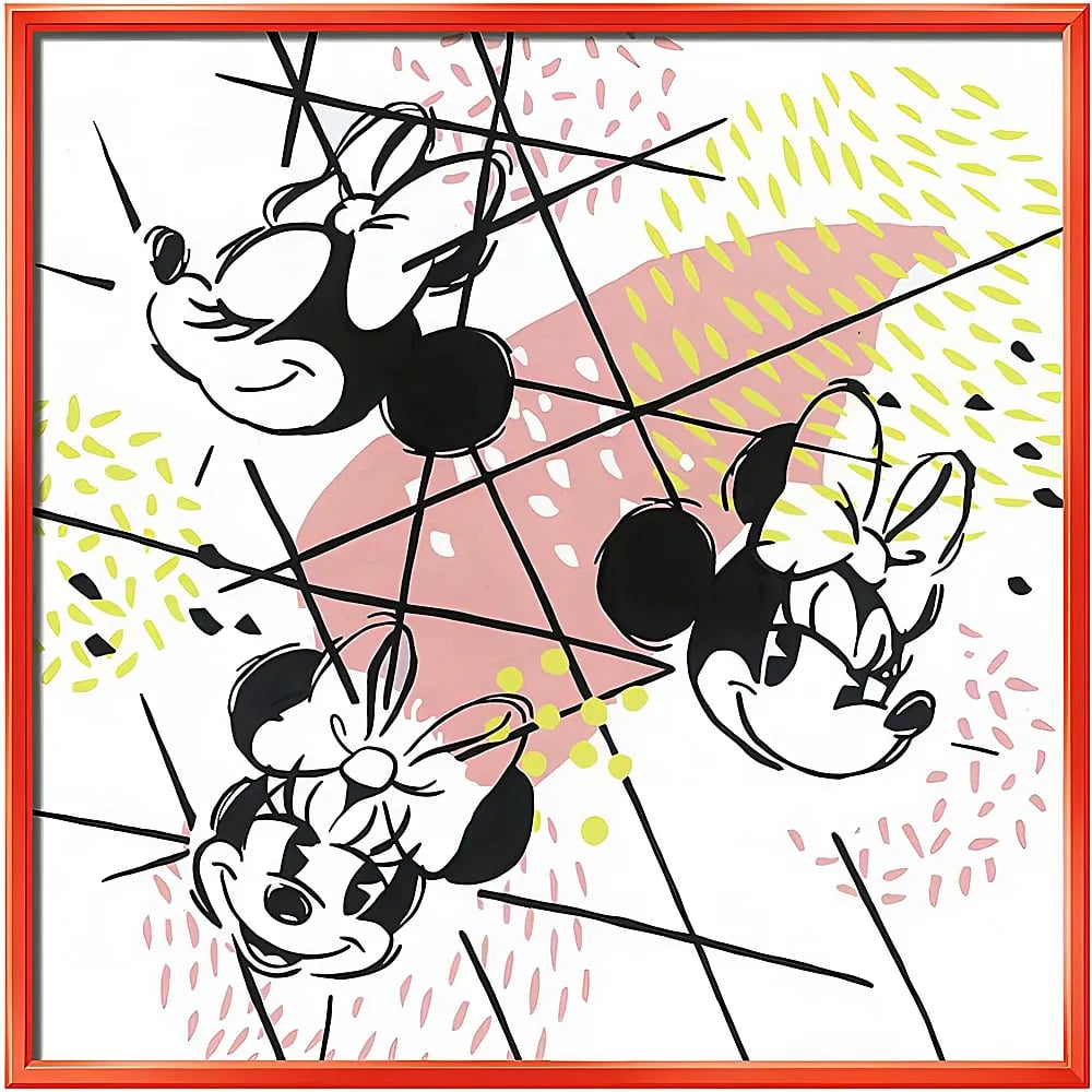 Drei schwarz-weiße Minnie-Maus-Gesichter auf weißem Grund mit abstrakten rosa und gelben Mustern sowie schwarzen Linien.