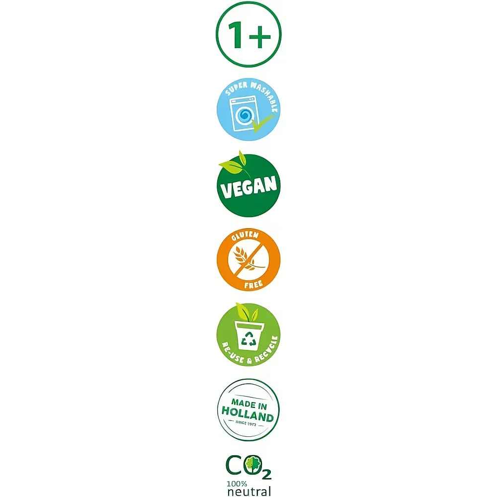 Symbole zeigen Merkmale: ab 1+ Jahr, super waschbar, vegan, glutenfrei, recyclingfähig, made in Holland, CO2-neutral.