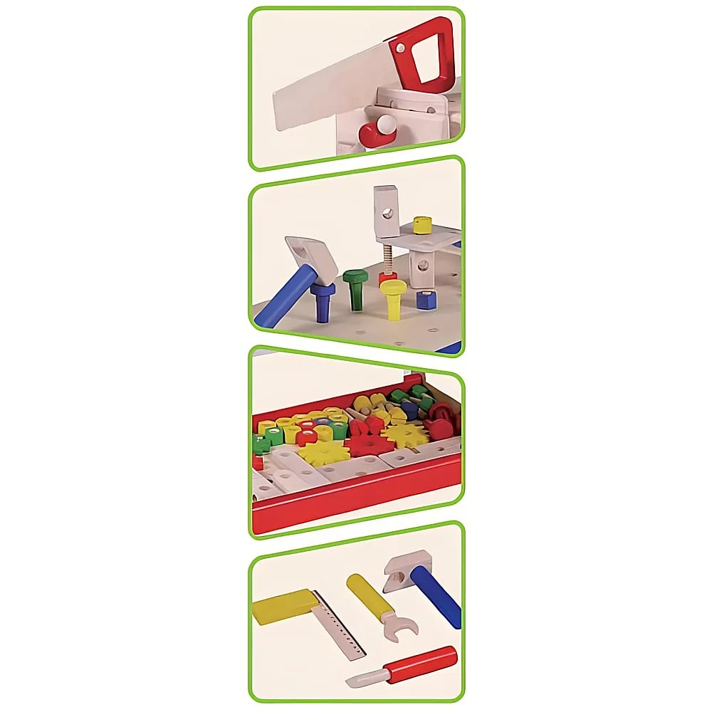 Quatre panneaux montrant des jouets en bois, des outils comme une scie et un marteau, des vis colorées et une boîte à outils.