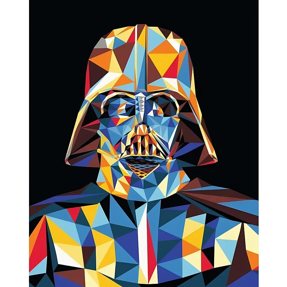Ein Low-Poly-Kunstporträt von Darth Vader in leuchtenden blauen, gelben und roten Dreiecken.