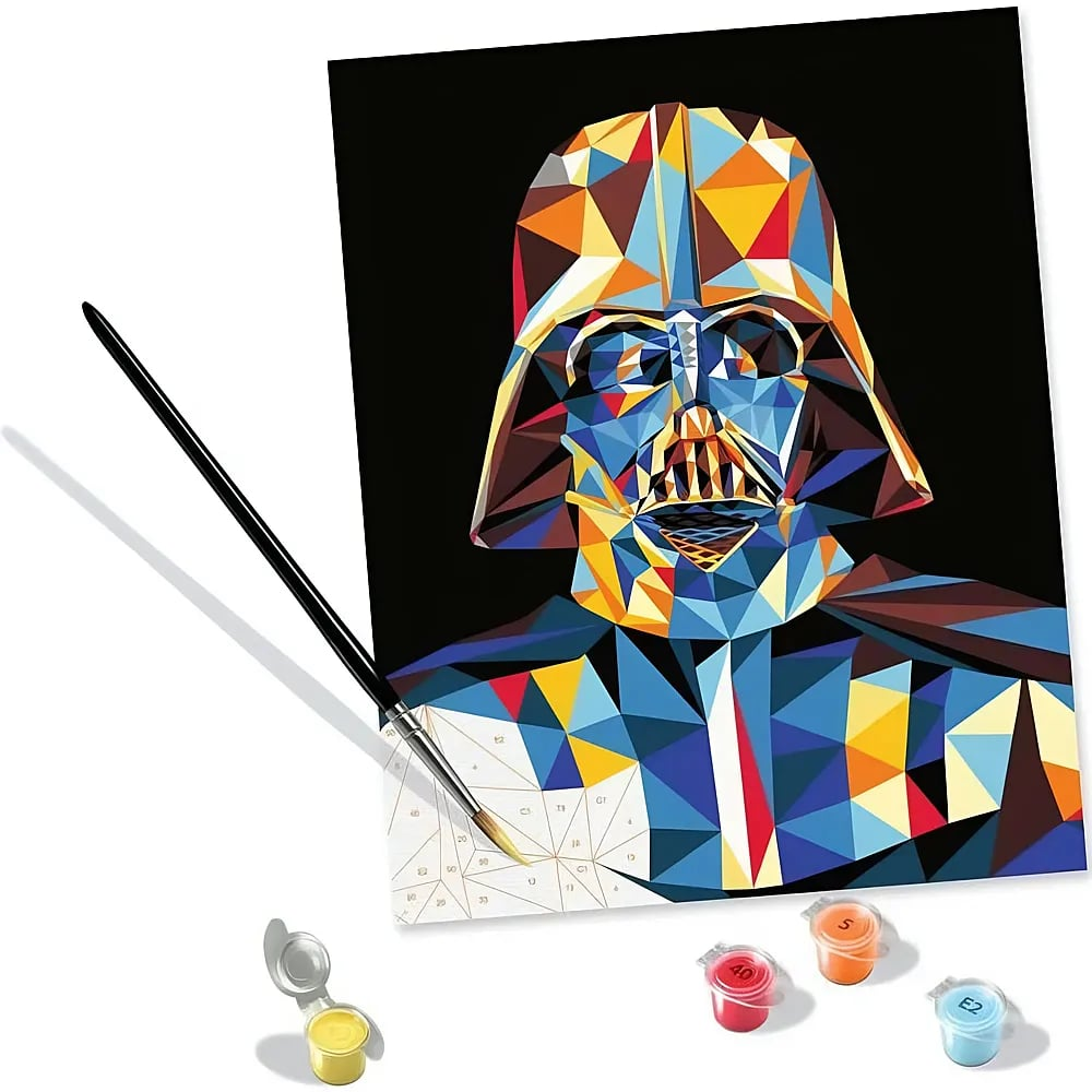 Ein Malen-nach-Zahlen-Bild von Darth Vader in bunten Polygonen mit Pinsel und Farbtöpfen.