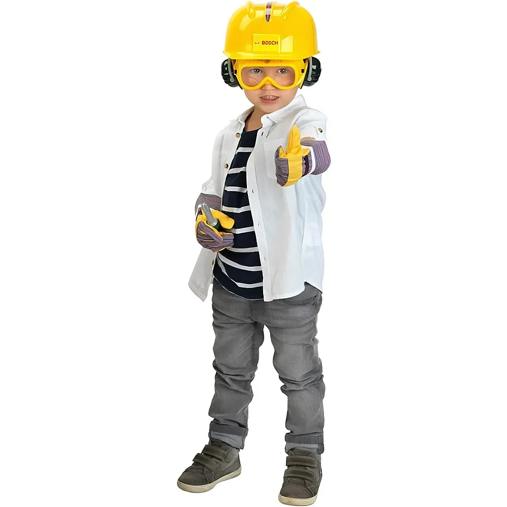 Kind in Bauarbeiter-Schutzkleidung mit gelbem Helm, Schutzbrille und Werkzeuggürtel vor weißem Hintergrund.