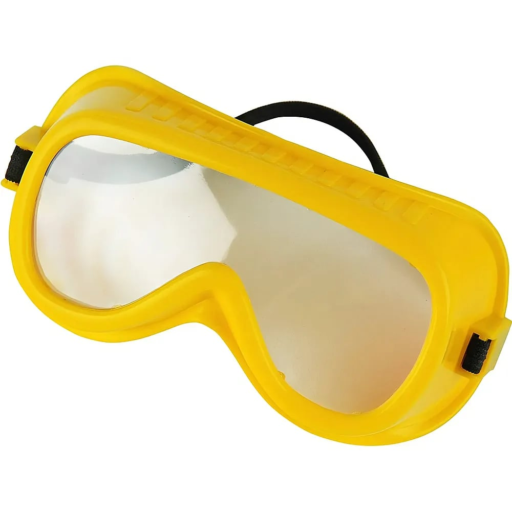 Gelbe Schutzbrille mit klaren Gläsern und schwarzem Kopfband vor weißem Hintergrund.