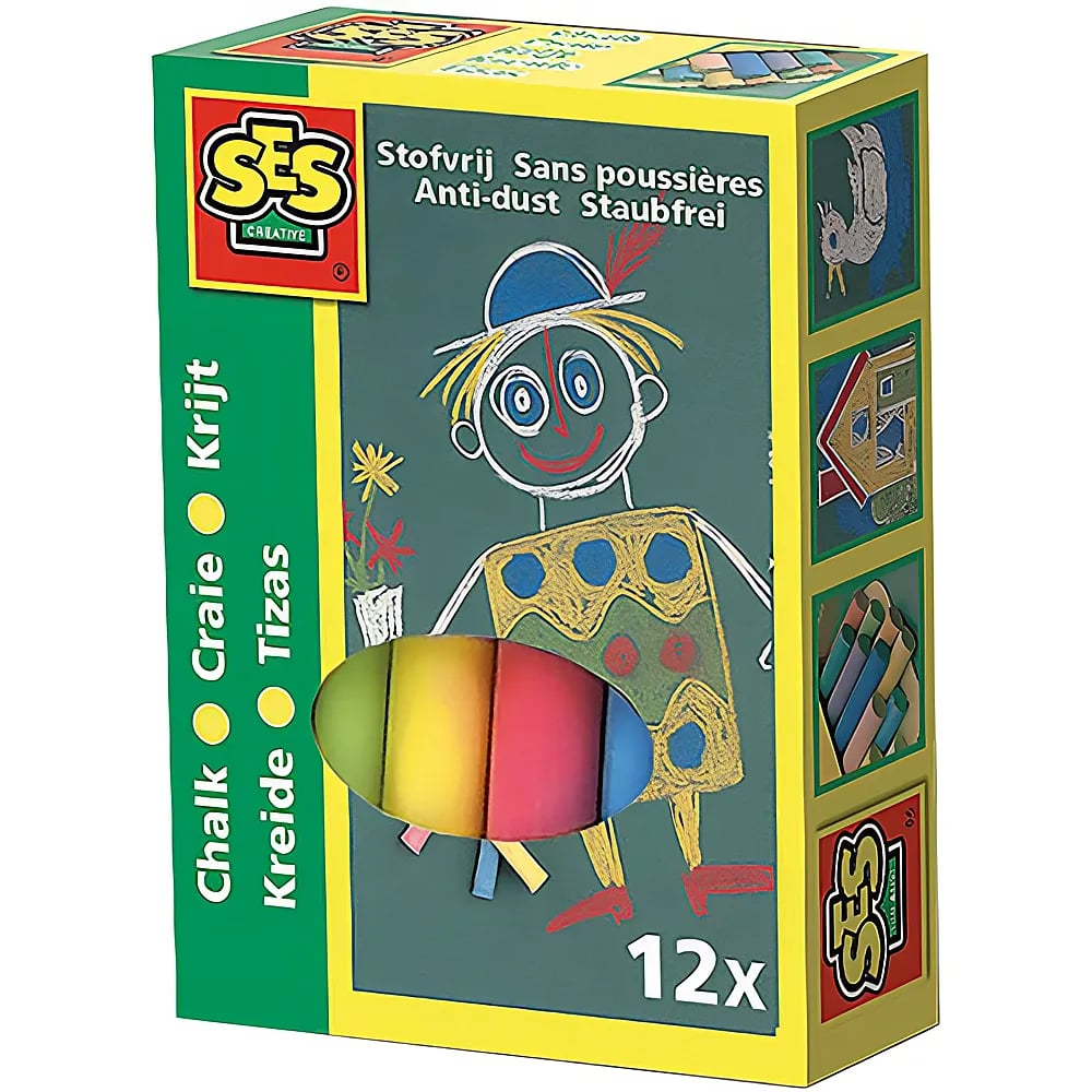 Verpackung von 12 farbigen, staubfreien Straßenkreiden mit einer gezeichneten Figur und Beispielen auf der Seite.