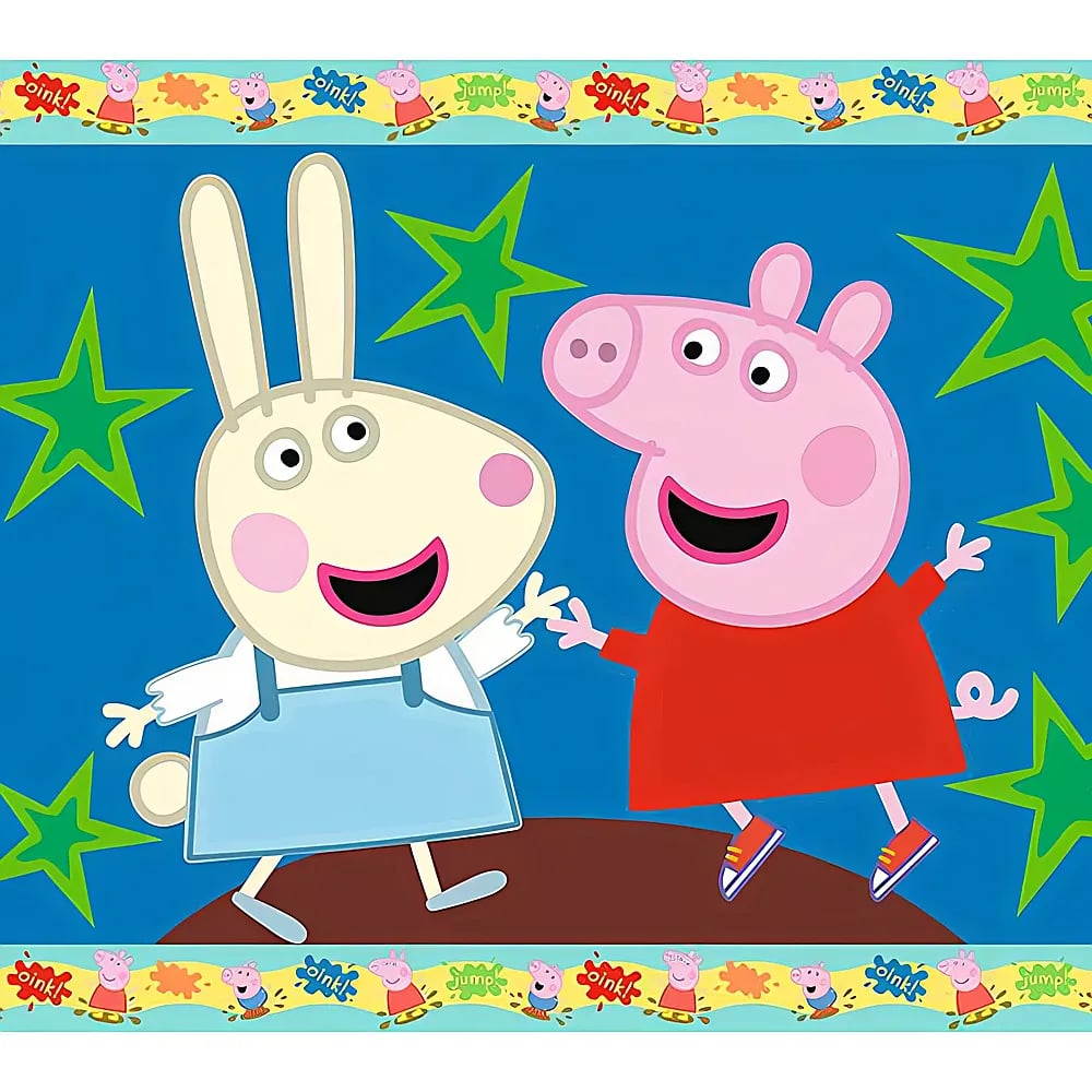 Rebecca Hase und Peppa Wutz vor blauem Hintergrund mit grünen Sternen.