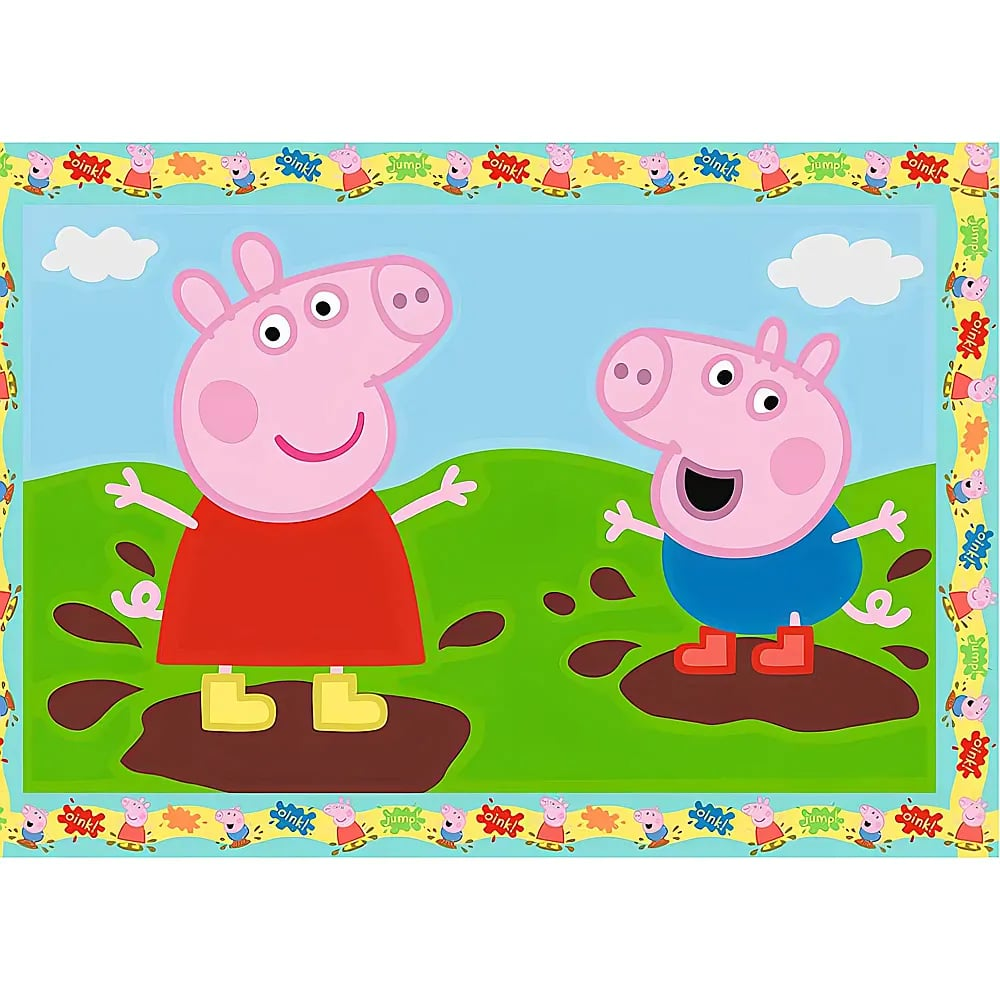 Peppa Wutz und George springen glücklich in Schlammpfützen auf einer grünen Wiese unter blauem Himmel.