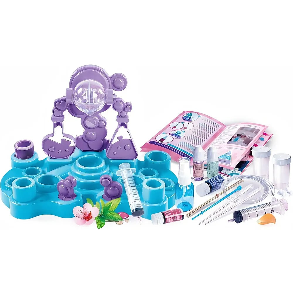Kit scientifique pour enfants avec base bleue, support violet, tubes à essai, seringues, flacons et manuel sur fond blanc.
