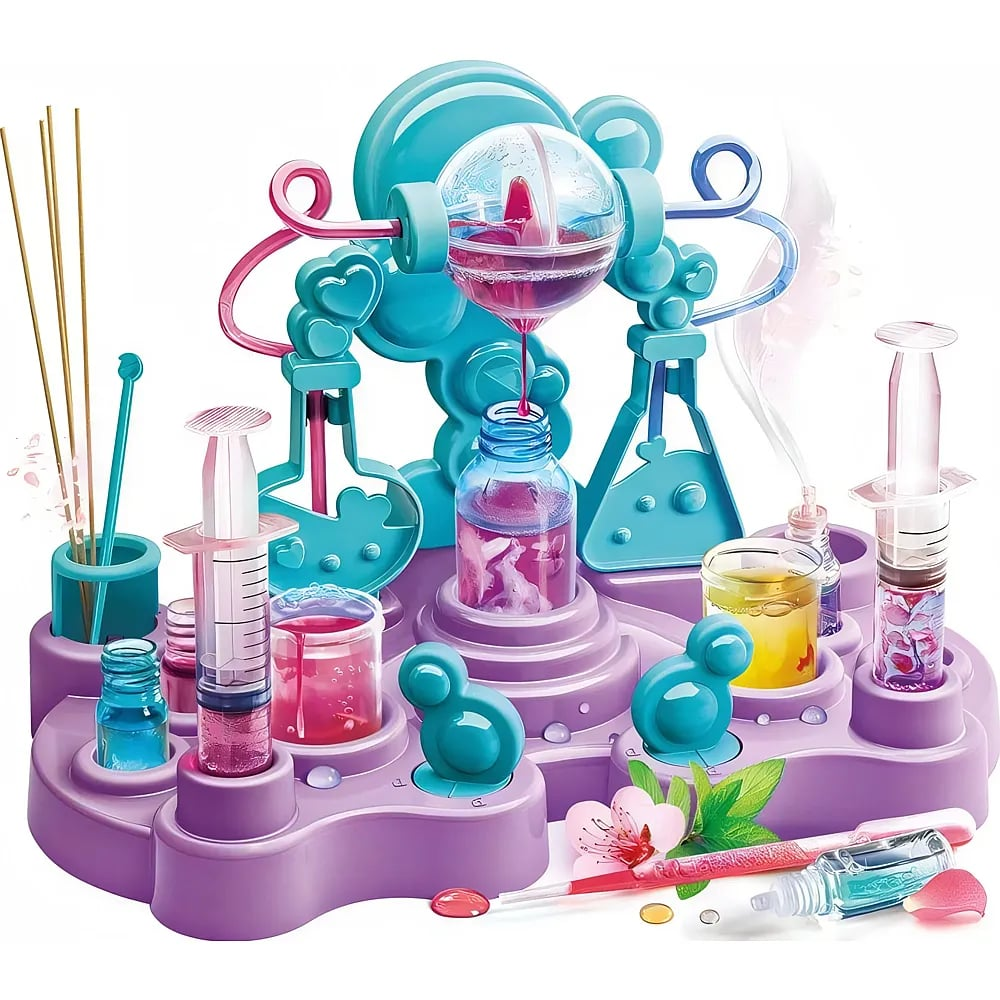Un laboratoire scientifique pour enfants avec des supports roses et bleus, des béchers, des seringues et des liquides.