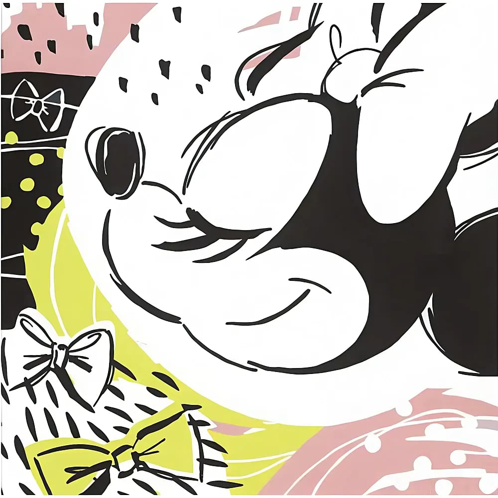 Illustration pop art stylisée de Minnie Mouse les yeux fermés sur fond abstrait et coloré.