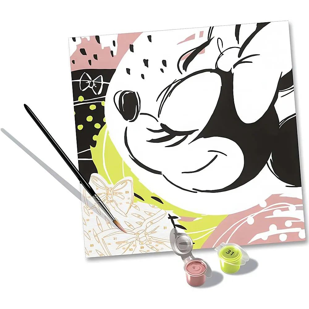 Un kit de peinture par numéros avec un contour de Minnie Mouse, un pinceau et deux pots de peinture.