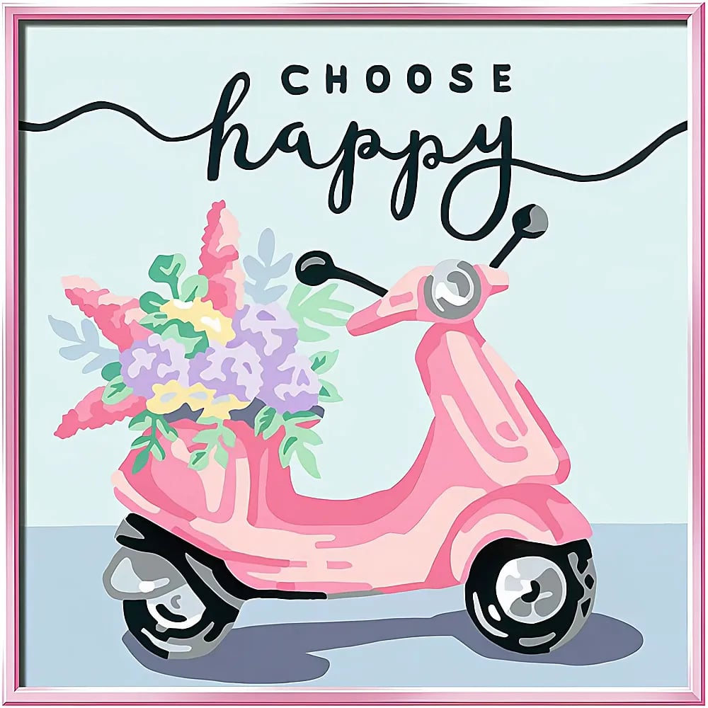 Ein rosafarbener Roller mit bunten Blumen und der Aufschrift CHOOSE happy auf hellblauem Hintergrund.