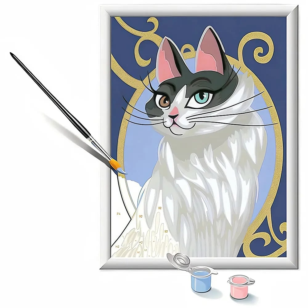 Ein Malen-nach-Zahlen-Bild einer stilisierten Katze mit Pinsel und zwei kleinen Farbtöpfen.