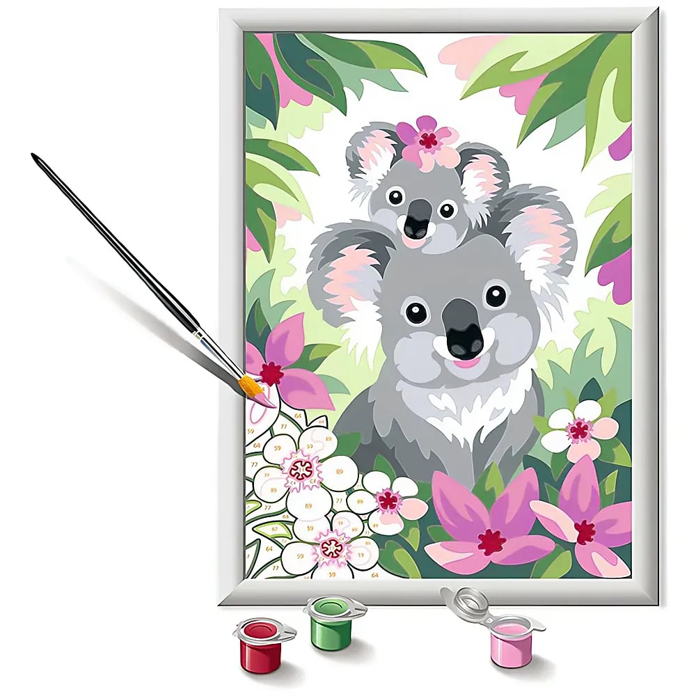 Ein Malen-nach-Zahlen-Bild mit zwei Koalas umgeben von Blumen, mit Pinsel und Farbtöpfen.