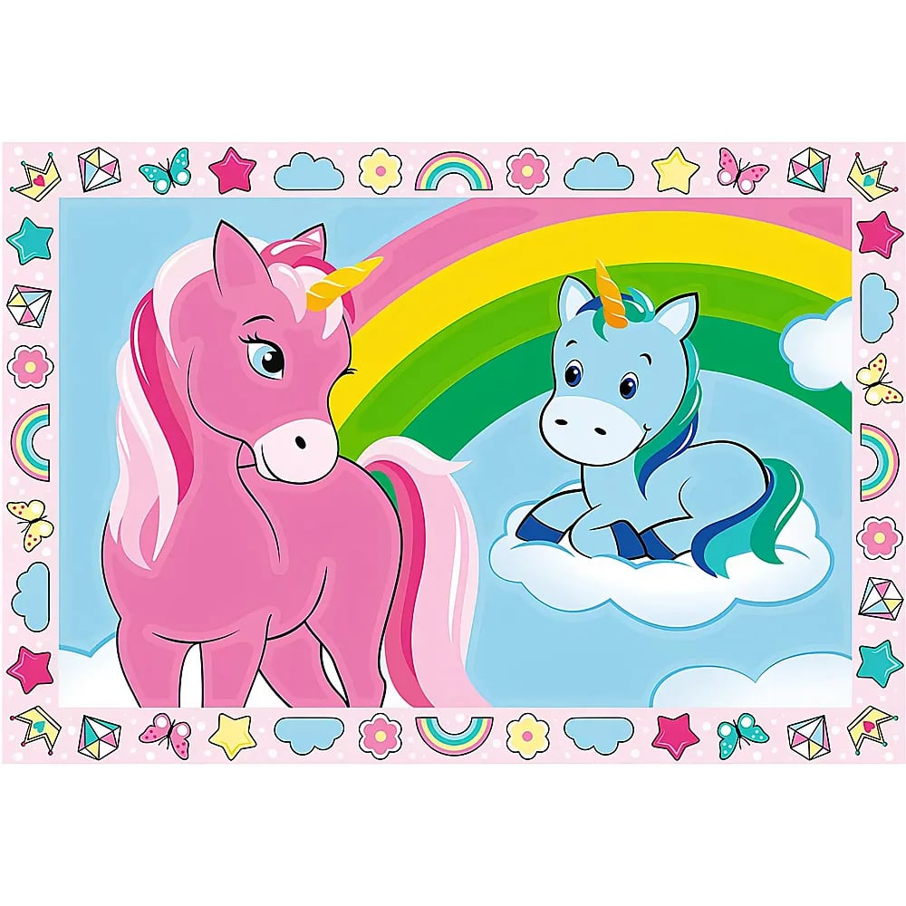 Un unicorno rosa e un unicorno azzurro davanti a un arcobaleno in uno sfondo colorato.