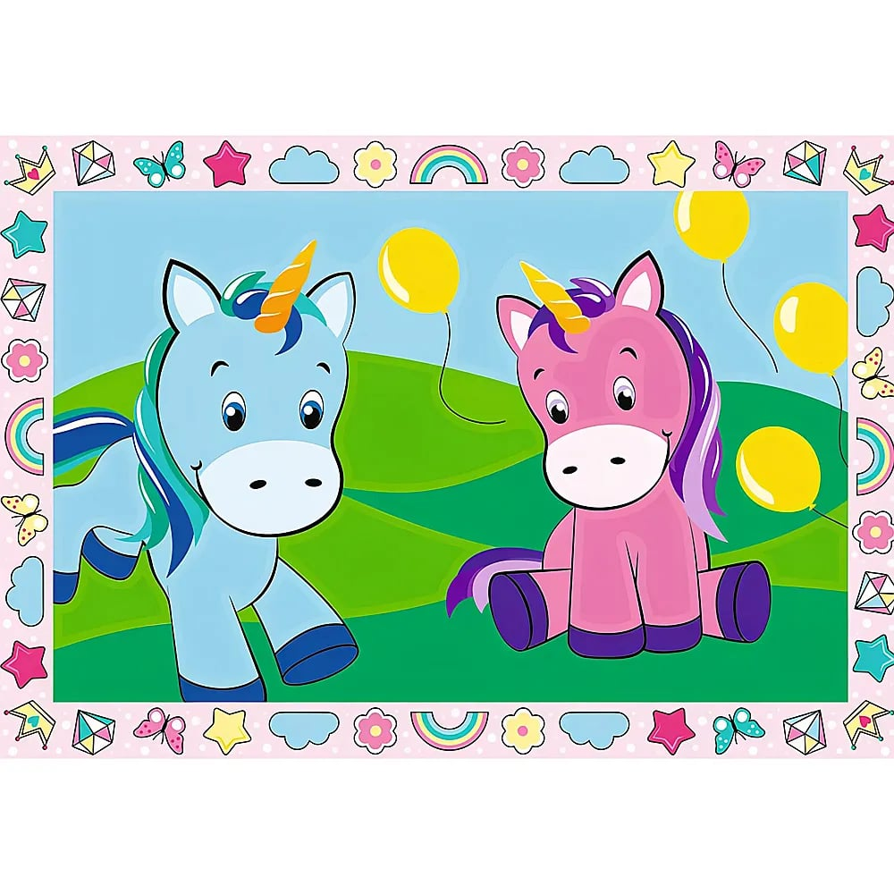 Un unicorno blu e uno rosa con palloncini gialli in un paesaggio verde collinare, circondati da un bordo colorato.