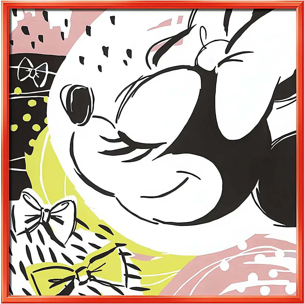 Stilisierte Schwarz-Weiß-Zeichnung von Minnie Maus mit roten Akzenten und buntem Hintergrund.