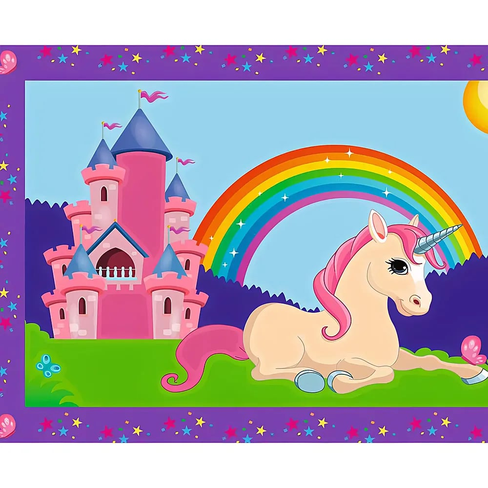 Un unicorno giace su un prato verde davanti a un castello rosa e a un arcobaleno. Il bordo è viola con stelle.