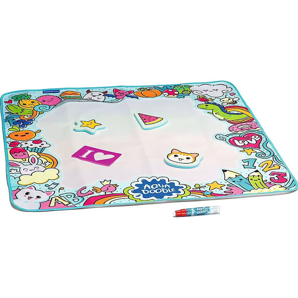 Bunte Aqua Doodle Malmatte mit niedlichen Motiven, Formen und einem Wasserstift.