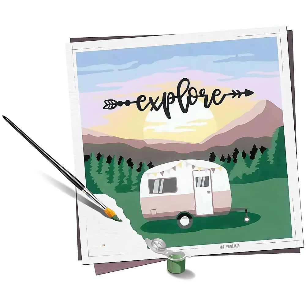 Ein Pinsel bemalt ein Bild mit einem Wohnmobil, Bergen und dem Schriftzug "explore" bei Sonnenuntergang.
