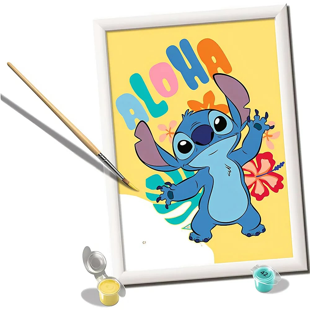 Ein gerahmtes Stitch-Malen-nach-Zahlen-Bild mit Pinsel und Farbtöpfen.