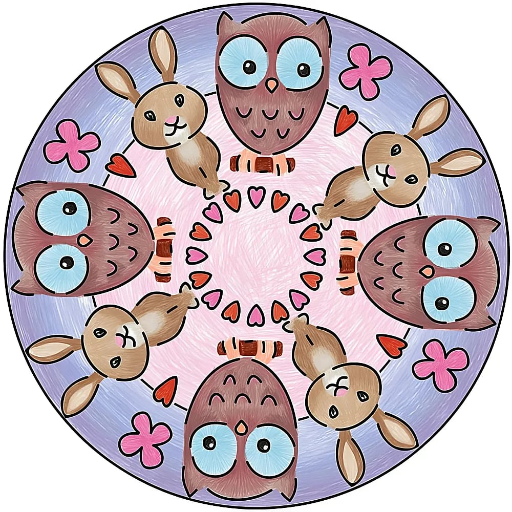 Ein kreisrundes Mandala mit niedlichen Eulen, Hasen, rosa Blumen und kleinen roten Herzen auf farbigem Hintergrund.