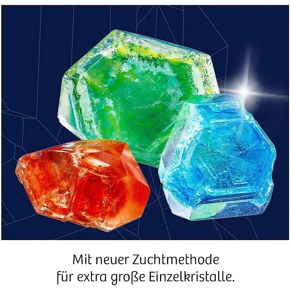 Drei große, farbige Kristalle in Grün, Blau und Orange vor dunklem Hintergrund mit Text.