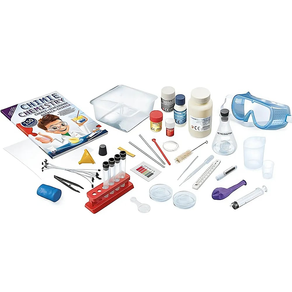 Un kit de chimie pour enfants avec des tubes à essai, des lunettes de protection et divers outils de laboratoire.