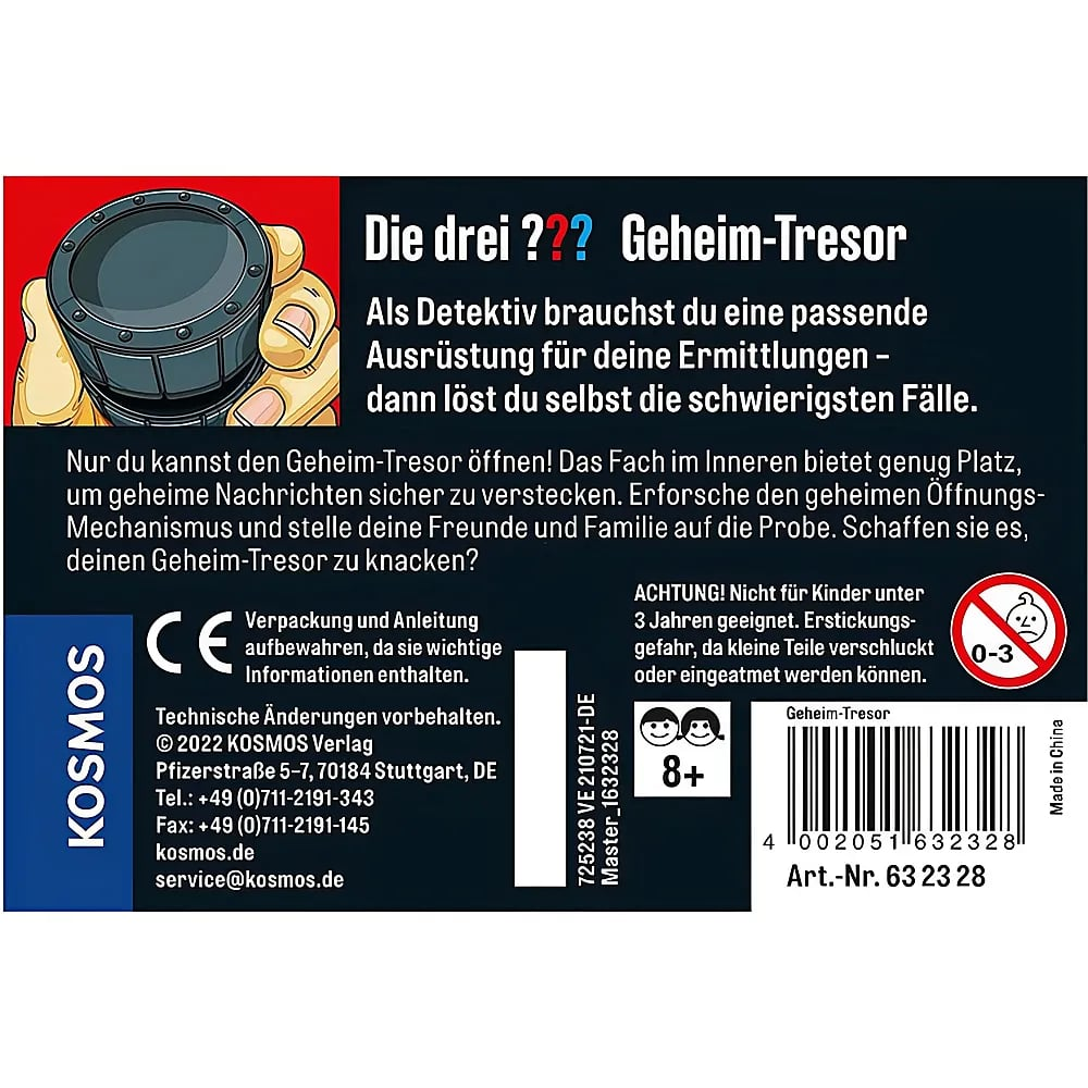 Rückseite der Produktverpackung Die drei ??? Geheim-Tresor mit Text und Barcode.