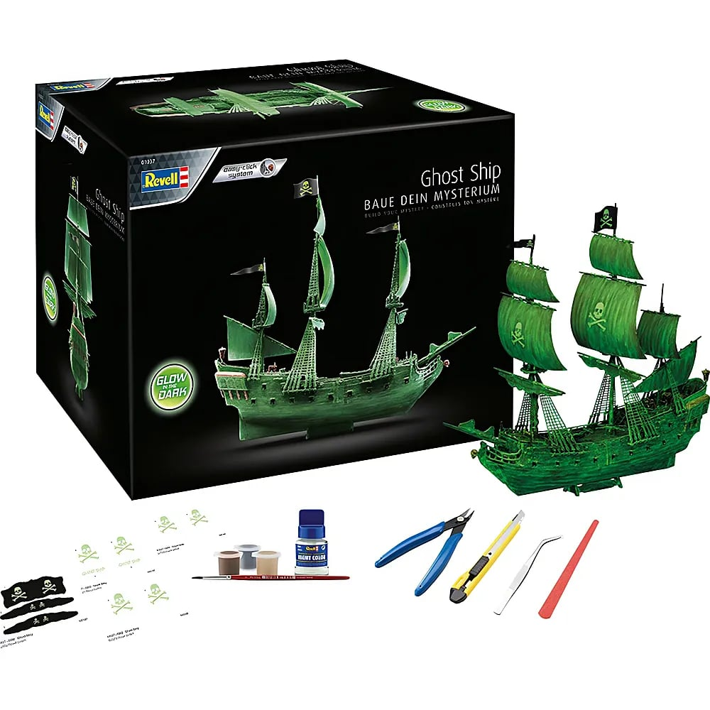Revell Geisterschiff Modellbausatz Karton mit fertigem Modell, Farben, Pinsel und Werkzeug vor weißem Hintergrund.