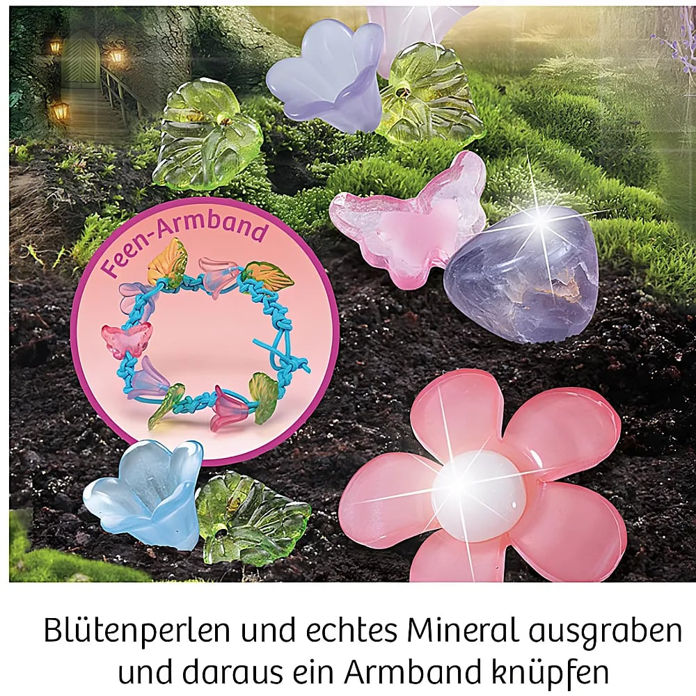 Magische Szene mit bunten Blumenperlen, einem Mineral und einem daraus gemachten Armband.