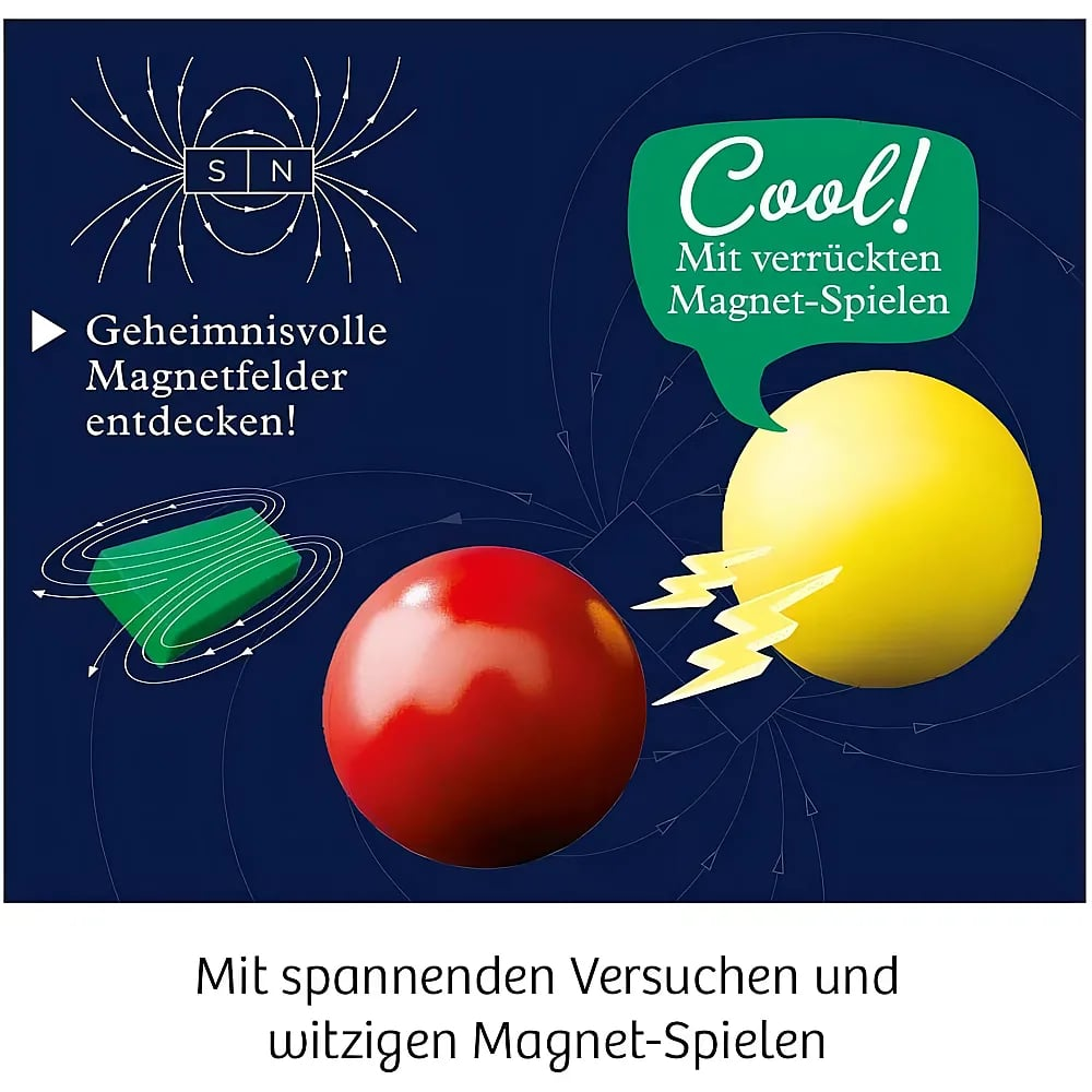 Wissenschaftliches Magnetspielset mit roten und gelben Kugeln sowie magnetischen Feldlinien auf blauem Grund.