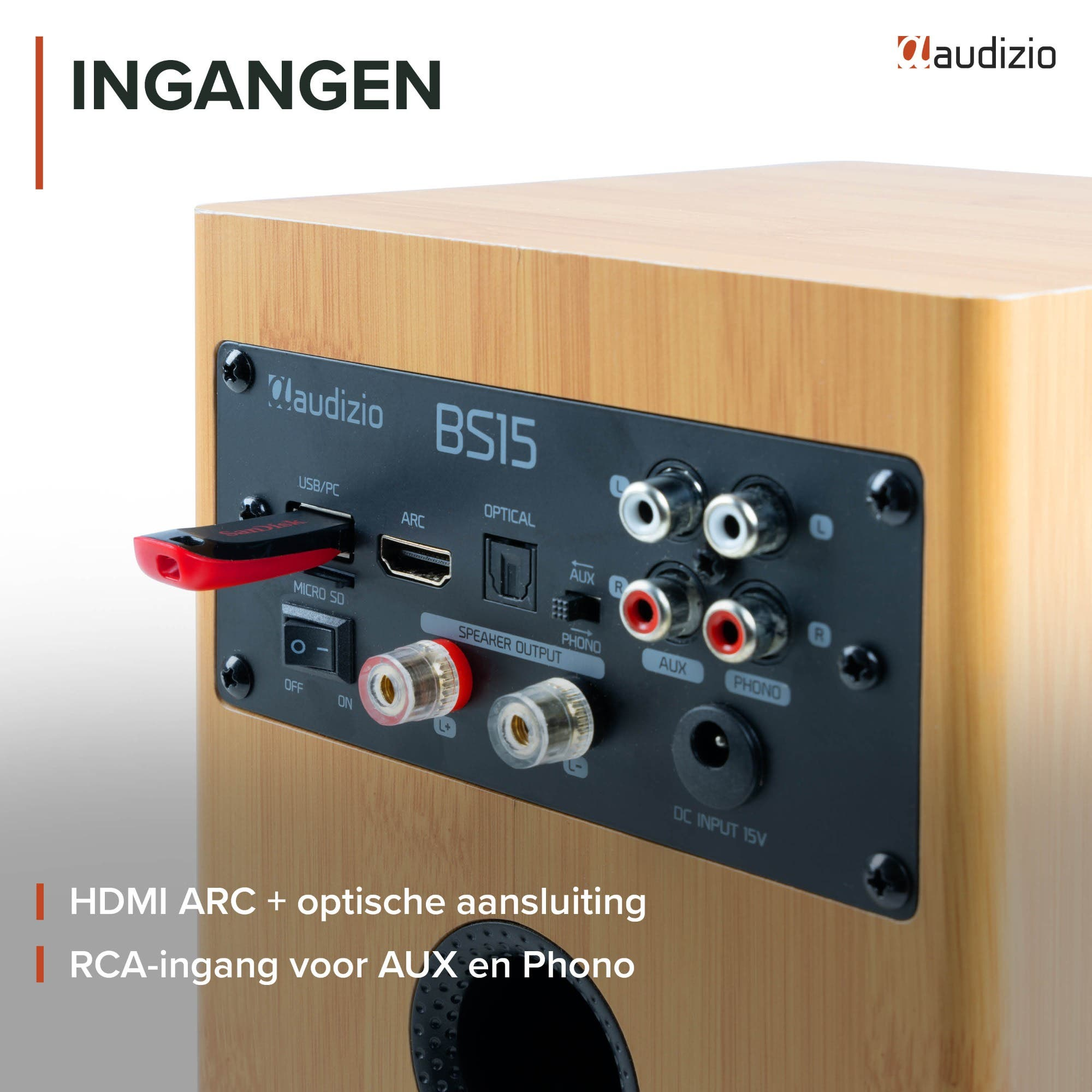 Panel trasero del altavoz de madera Audizio BS15 con entradas como USB, HDMI ARC, óptica, RCA y terminales.