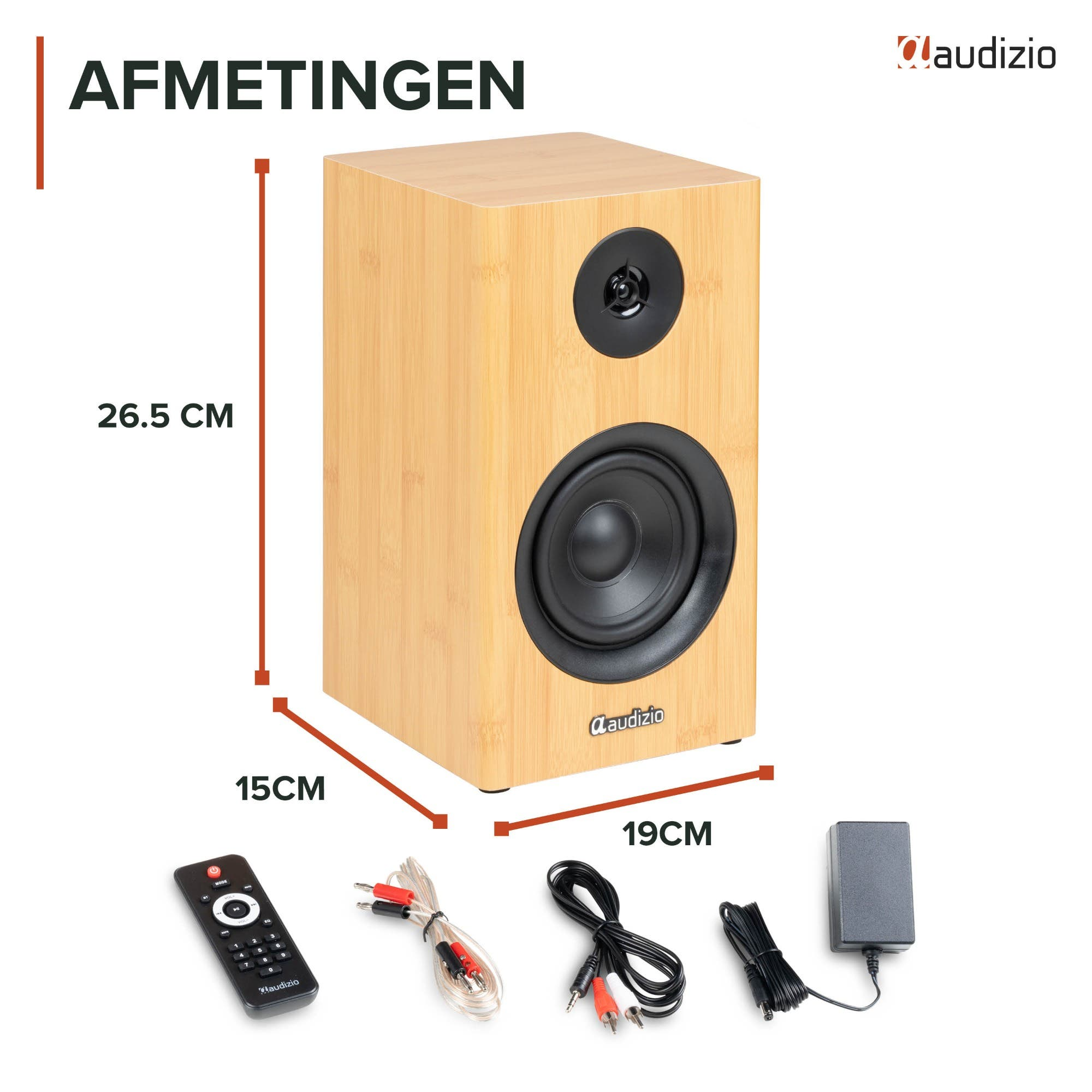Altavoz Audizio con acabado en madera, dimensiones y accesorios como mando, cables y adaptador.