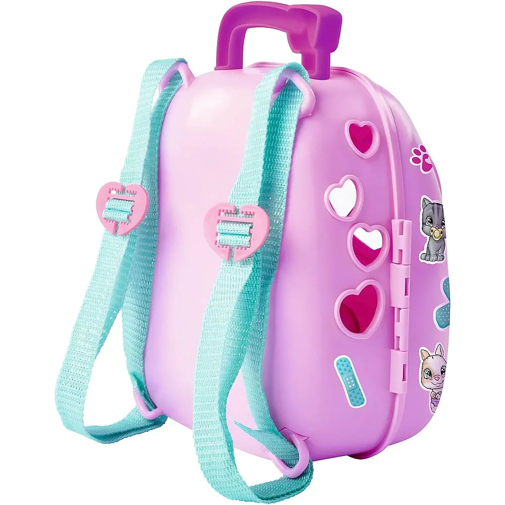 Ein pinker Plastik-Haustiertransporter mit hellblauen Riemen und einem violetten Griff, dekoriert mit Tieraufklebern.