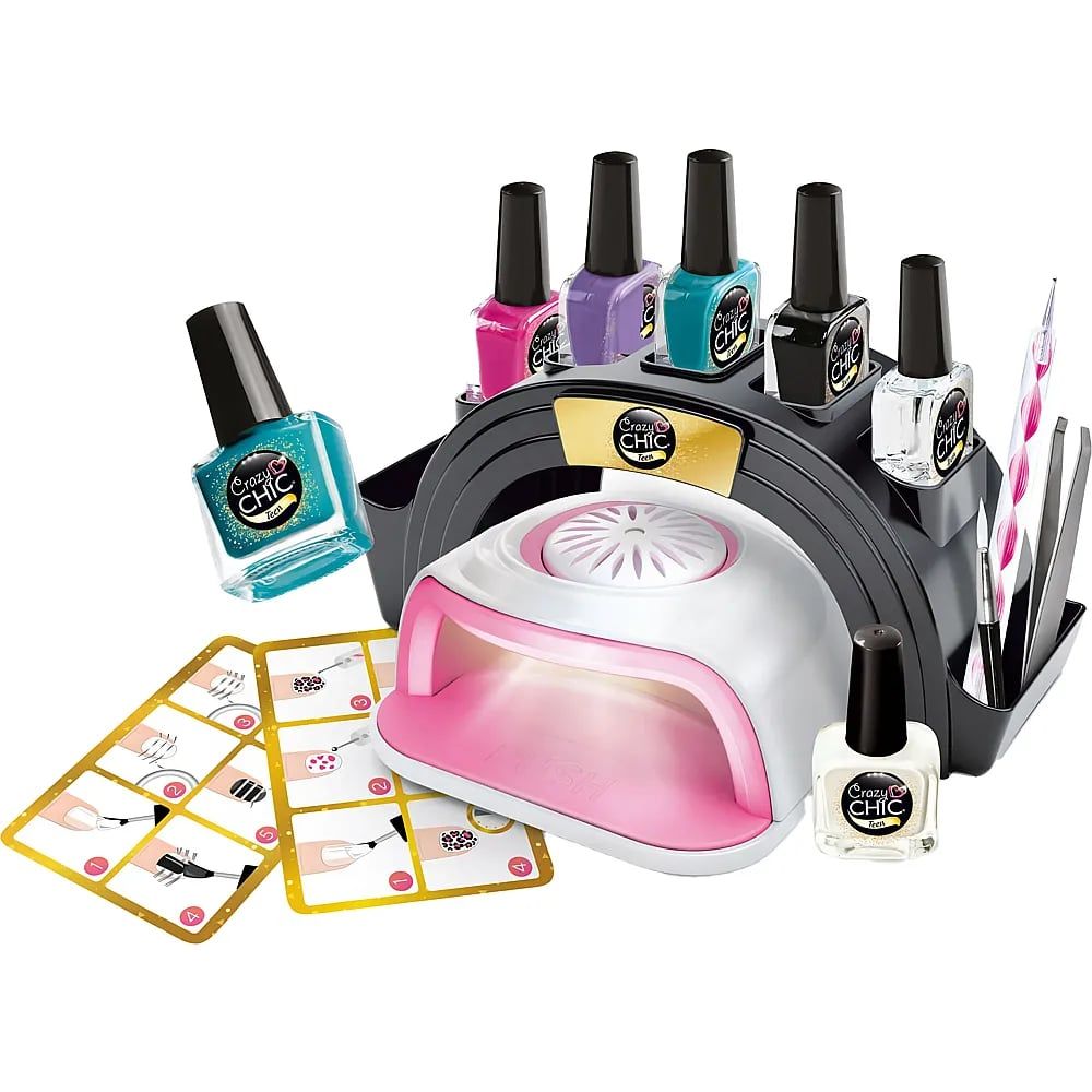 Un set da salone per unghie con lampada UV rosa e bianca, vari smalti colorati e schede di istruzioni.