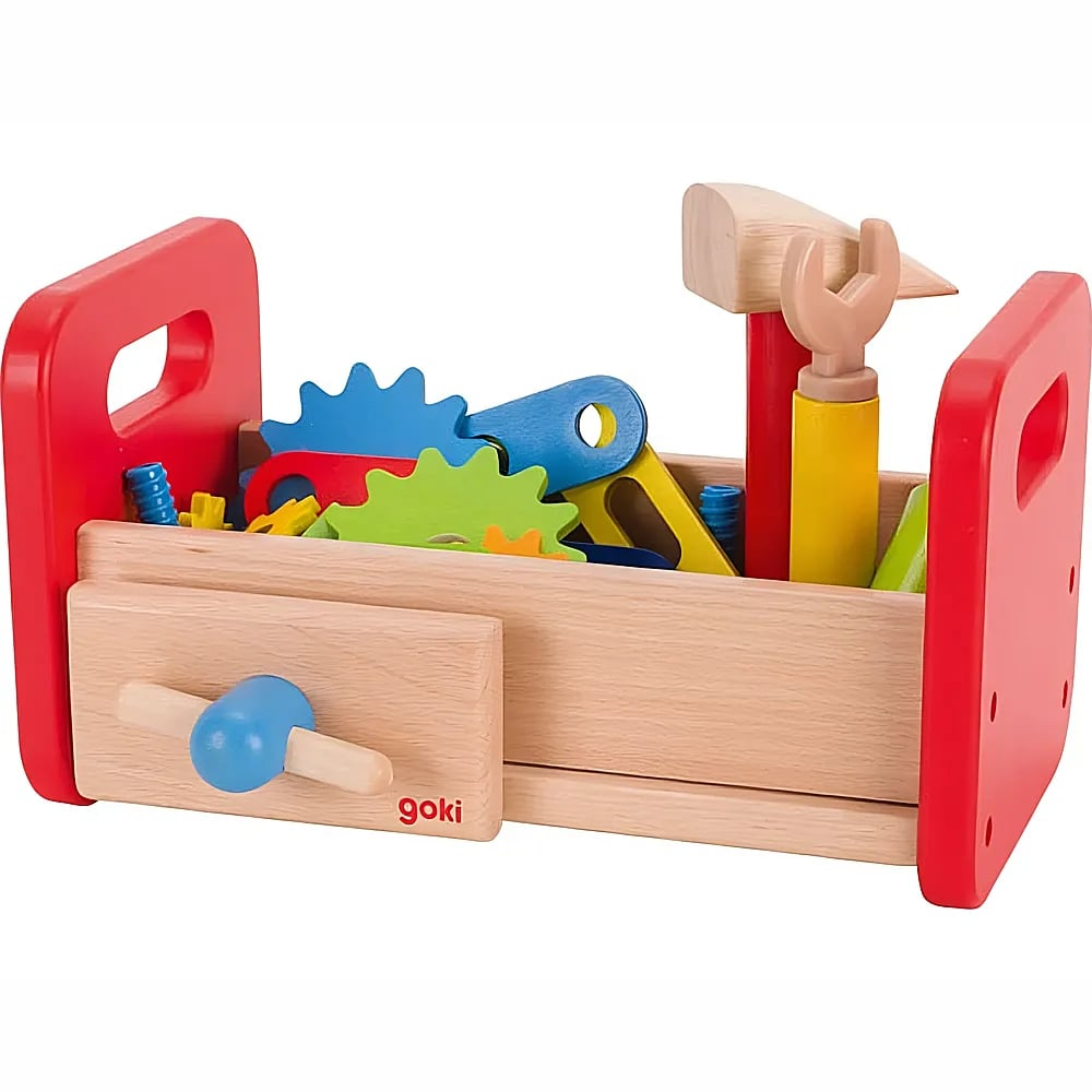 Ein hölzerner Werkzeugkasten mit roten Seitenteilen enthält bunte Spielzeugwerkzeuge wie einen Hammer und Zahnräder.