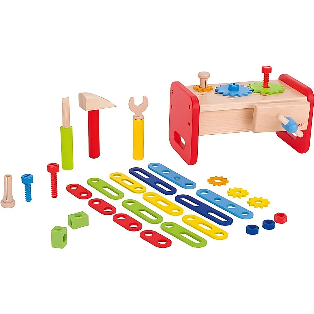 Eine hölzerne Spielzeug-Werkbank mit bunten Werkzeugen, Schrauben und Zahnrädern auf weißem Hintergrund.