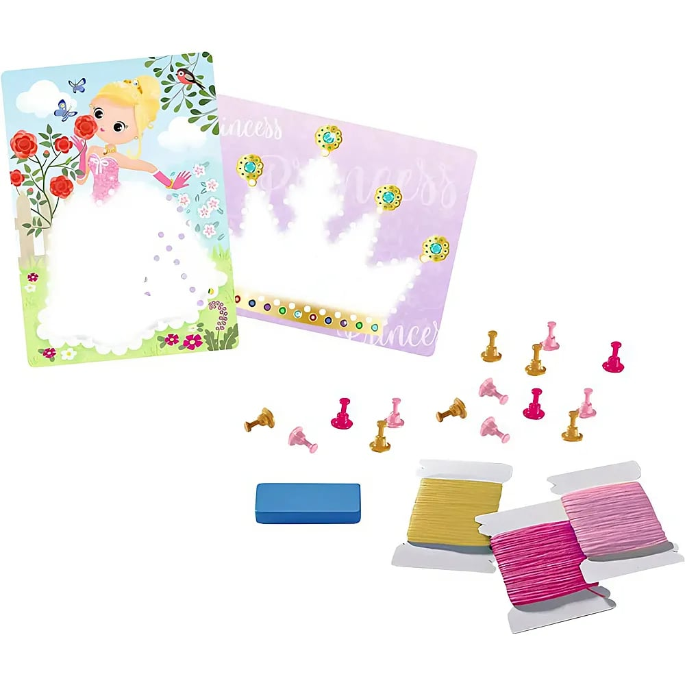 Un kit creativo con cartoline di principesse, puntine colorate, rocchetti di filo e schiuma blu.