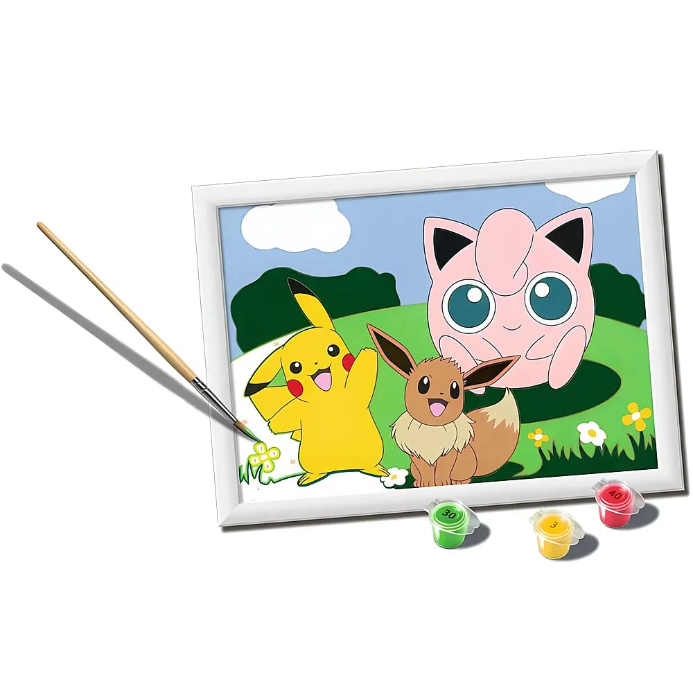 Un cuadro de pintar por números con Pikachu, Eevee y Jigglypuff, un pincel y botes de pintura.