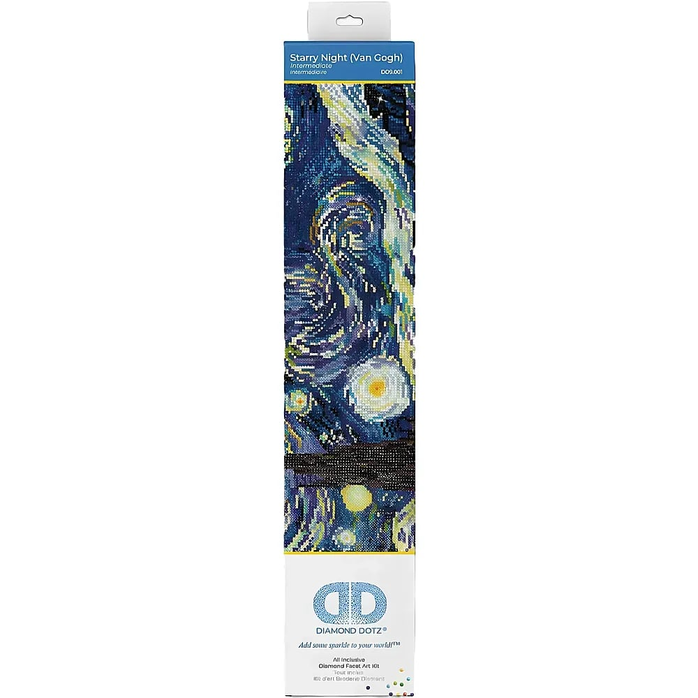 Caja Diamond Dotz con el diseño de La noche estrellada de Van Gogh en azul y amarillo.
