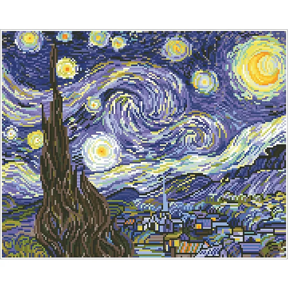 Arte pixelado de La noche estrellada de Van Gogh con un ciprés oscuro, cielo nocturno azul y estrellas brillantes.