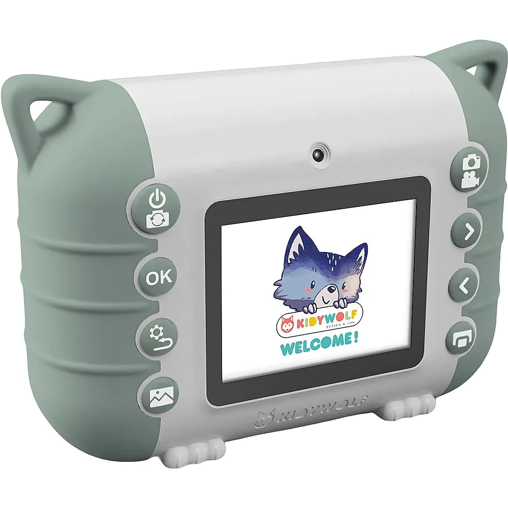 Eine grah-weiße Kinderkamera mit Katzenohren zeigt einen Zeichentrickwolf und "WELCOME!" auf dem Bildschirm.