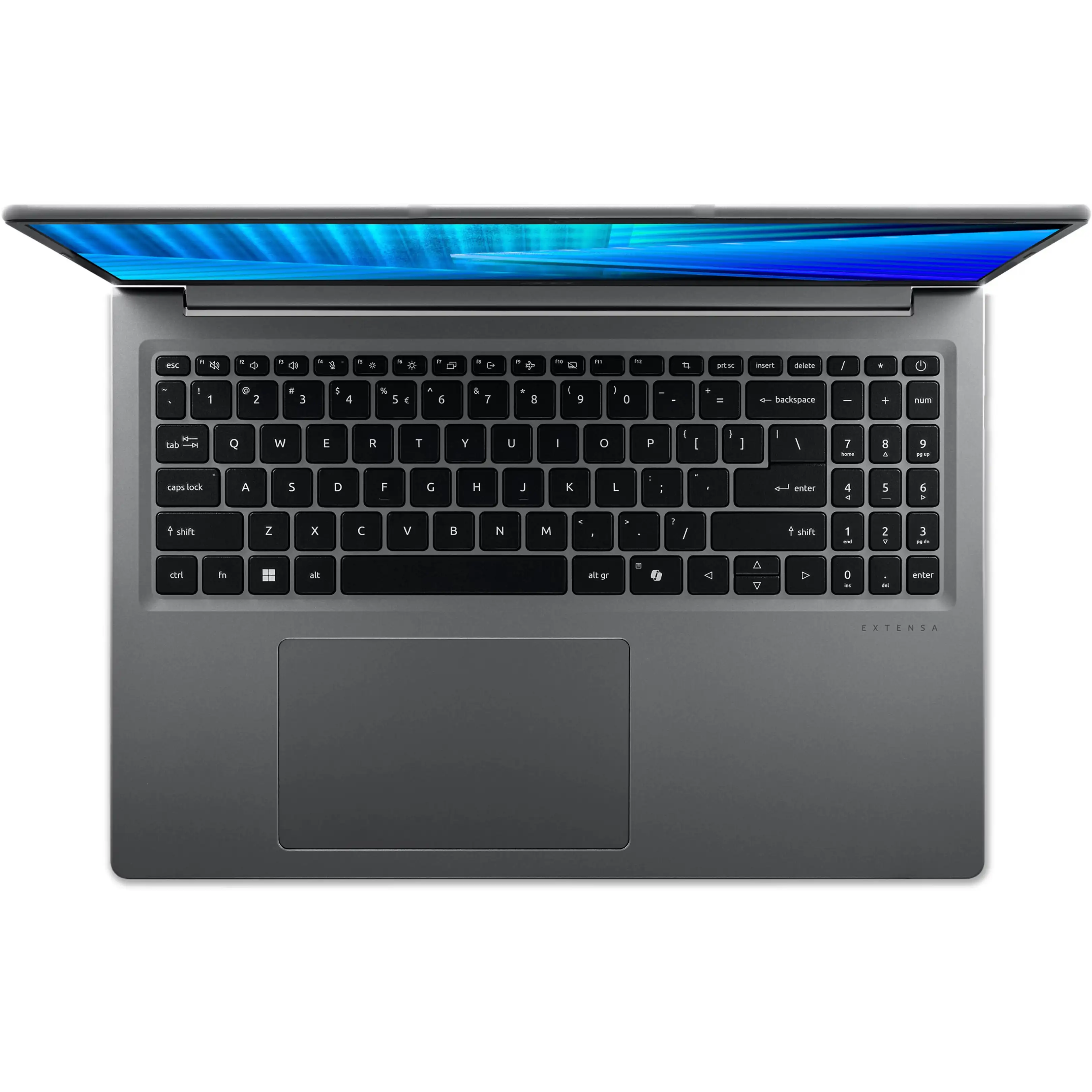Vista dall'alto di un laptop grigio, che mostra la tastiera con tastierino numerico e lo schermo illuminato.