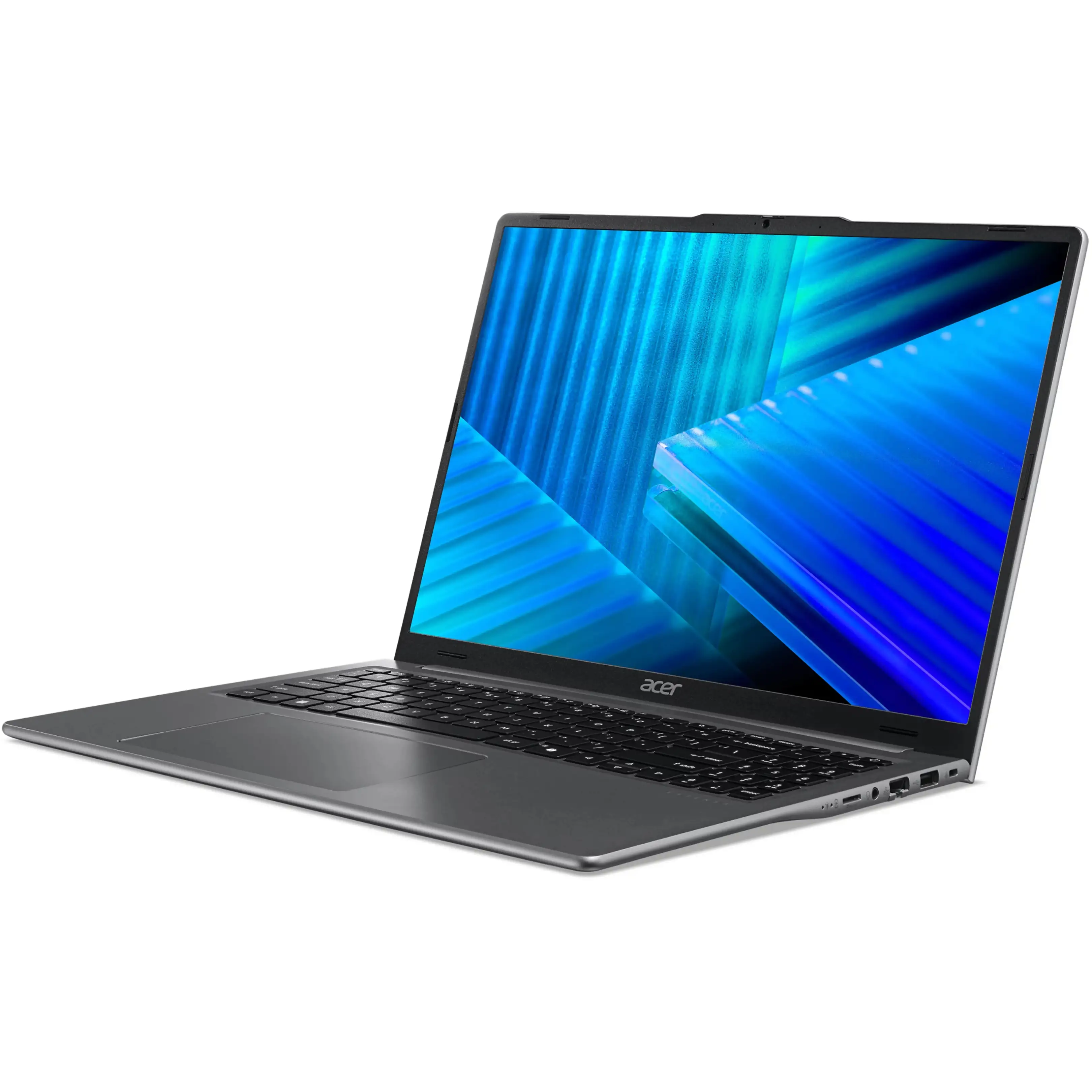 Un laptop Acer argento aperto mostra un vivace sfondo astratto blu su uno sfondo nero.